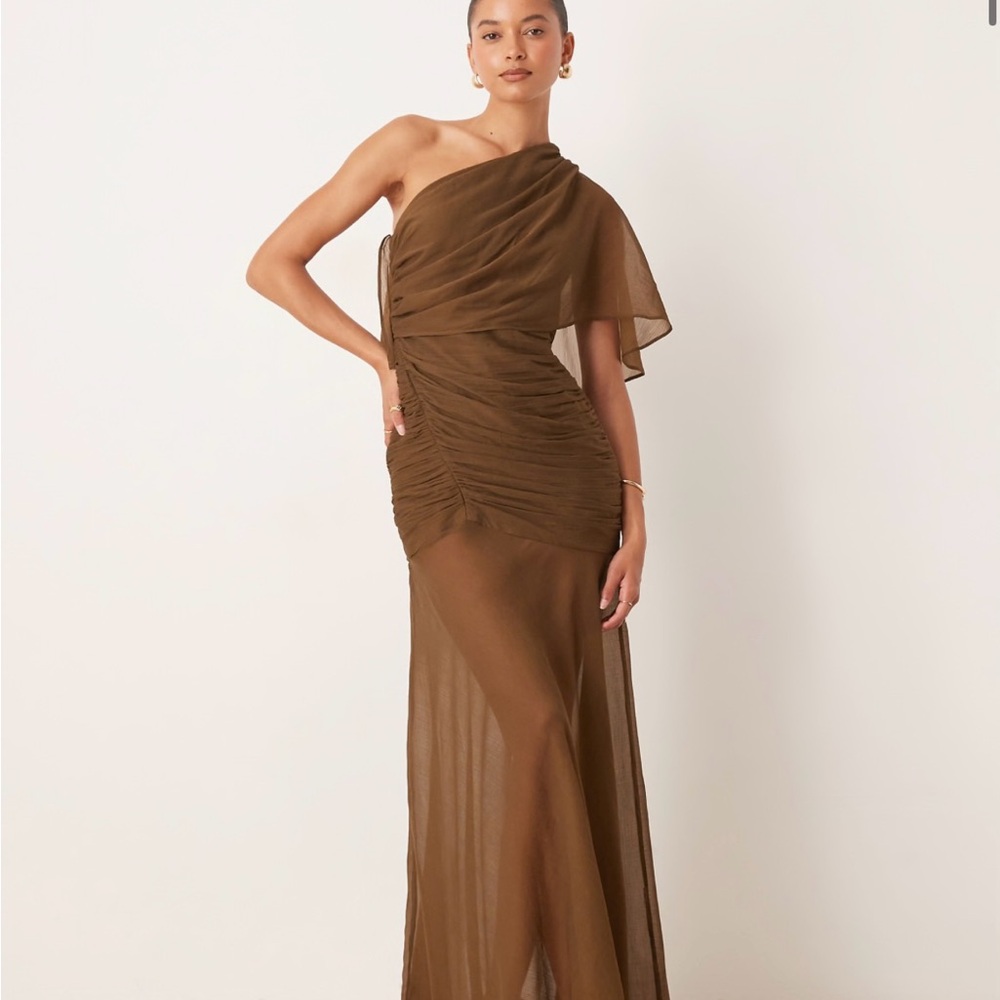 ASOS Cape One-Shoulder Ruched Bodice Maxi Dress in Deep Olive
